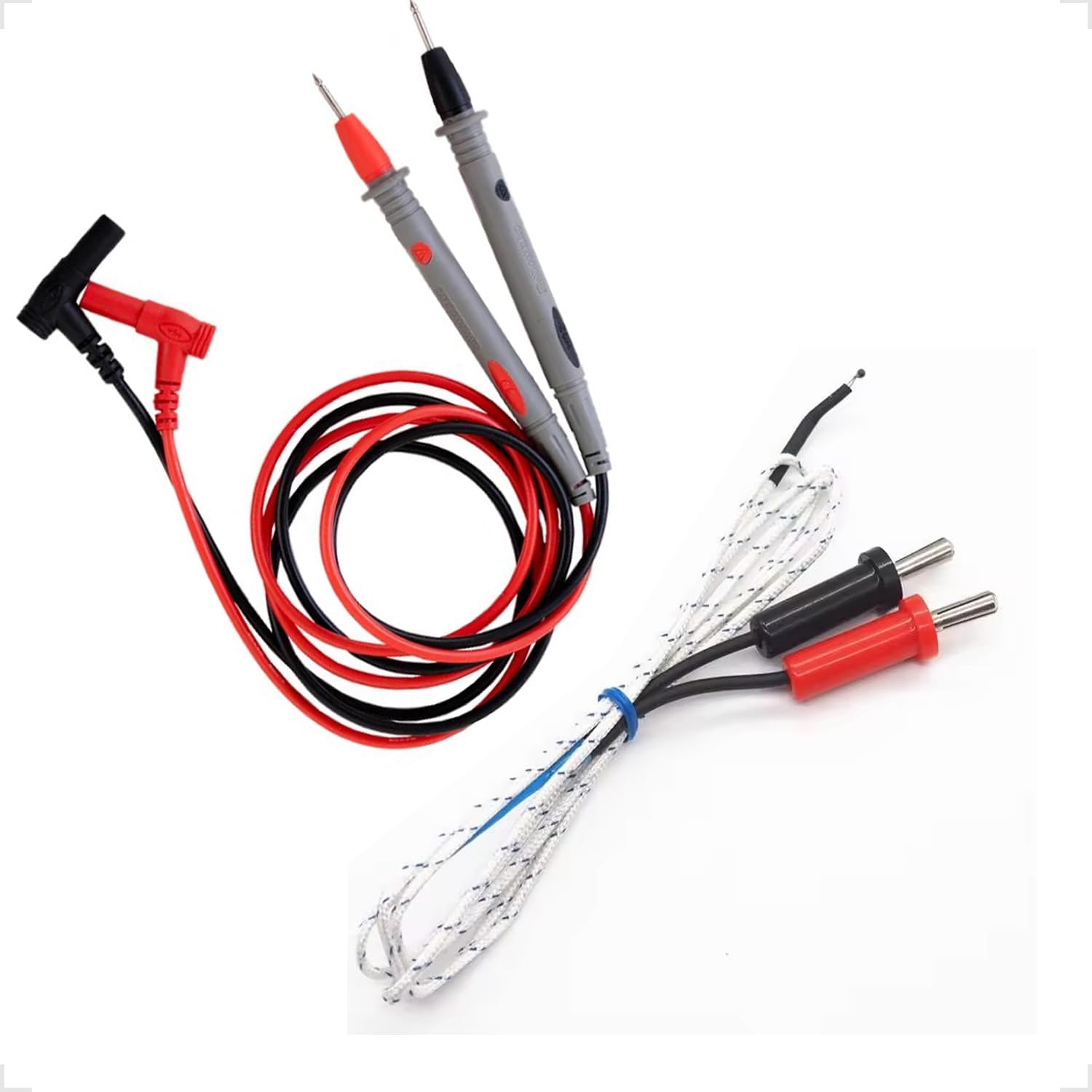 Close-up of the red and black test leads and a white temperature probe with red and black banana plugs.