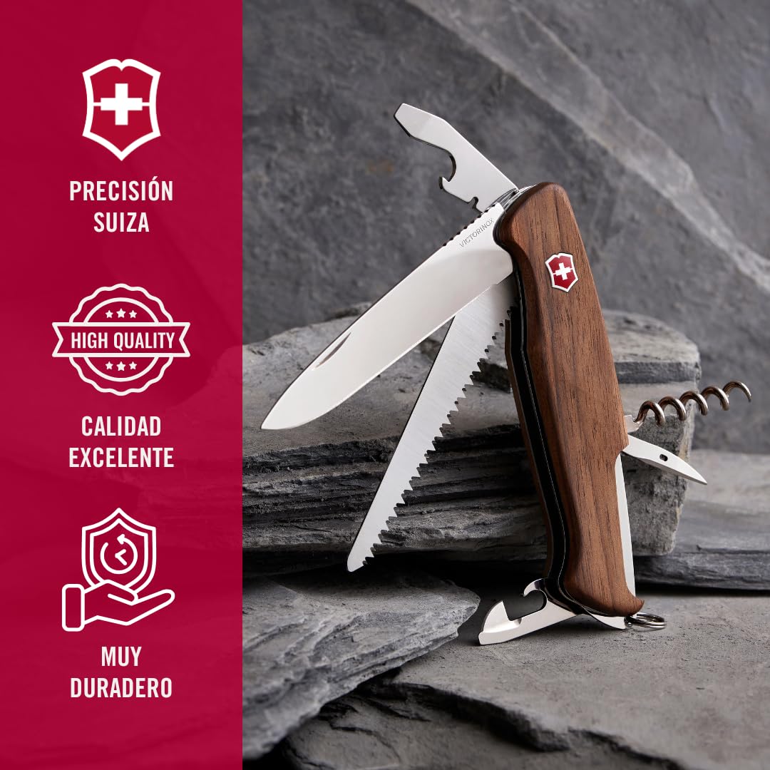Victorinox Ranger 55 Wood, Navaja Multiuso Suiza, Cuchillo bolsillo, Regalo, 10 Funciones, Hoja grande, Abrelatas, Bloqueable