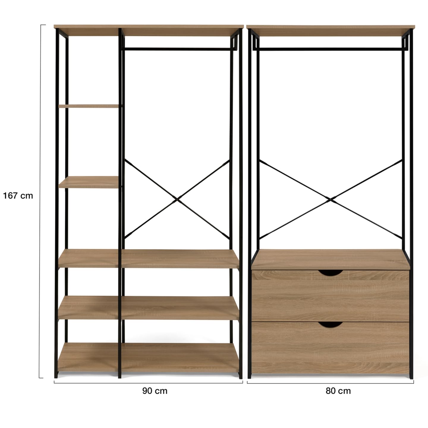 IDMarket – Armario modular doble con barras para colgar, estanterías y 2 cajones DETROIT diseño industrial