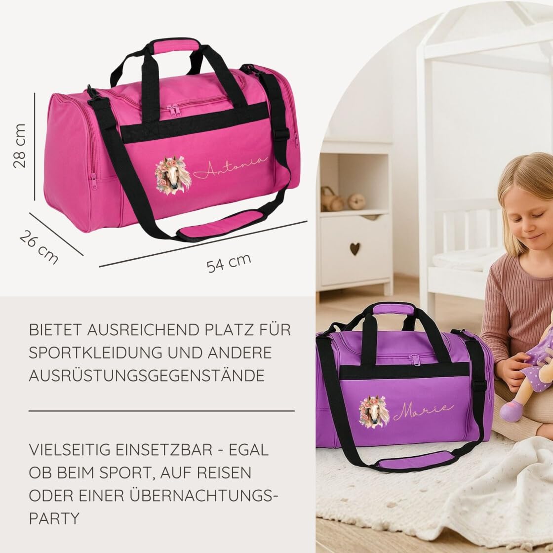 minimutz Sporttasche Pferd Kinder personalisiert, Reisetasche Reittasche Mädchen groß, Kindersporttasche mit Name 26L (lila)