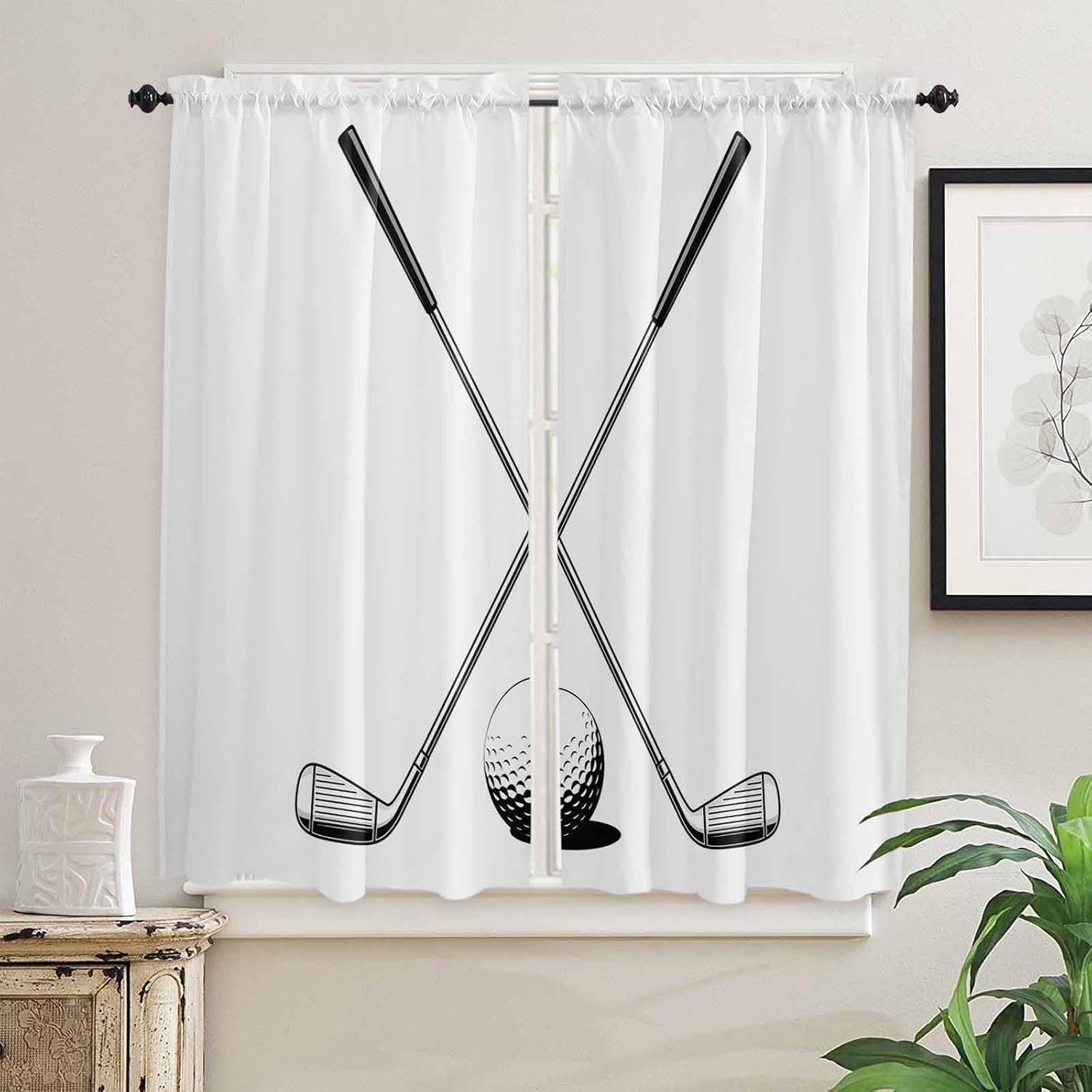 Golf Ball Kitchen Curtains, Minimalist Golf Club Abstract Simple Retro Light Filtering Window Curtain Panels, 2Pcs Rod Pocket Window Treatments Set for RV Dining Room Study Room 42x45 Inches