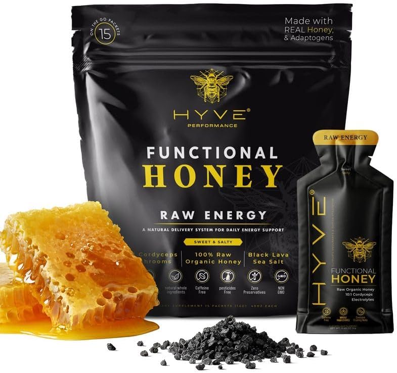 HYVE Functional Pre-workout Honey – Caffeine Free Raw Energy Packets with Organic Cordyceps Mushrooms, Volcanic Sea Salt & Organic Honey – Energy Boost with Natural Adaptogens, Pack of 15 Sachets, Sweet & Salty