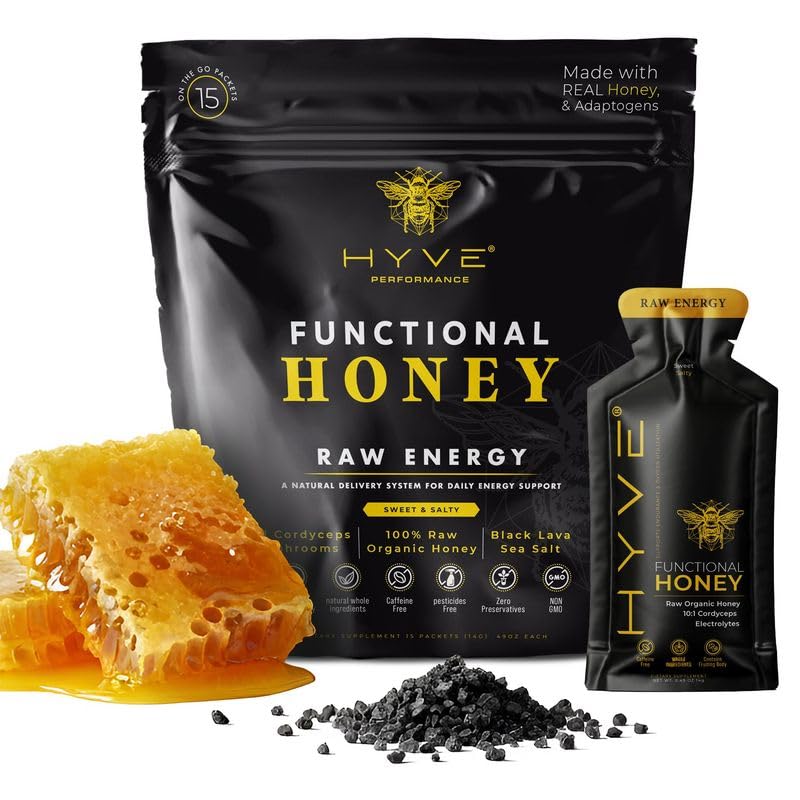HYVE Functional Pre-workout Honey – Caffeine Free Raw Energy Packets with Organic Cordyceps Mushrooms, Volcanic Sea Salt & Organic Honey – Energy Boost with Natural Adaptogens, Pack of 15 Sachets, Sweet & Salty