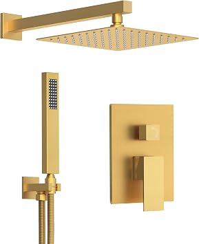 10" Shower System, Wall Mount Shower Faucet Set, Brushed Gold