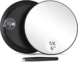 Espelho de aumento de maquiagem 5X com ventosas, espelho de ampliação de 15 cm para viagem e pinças