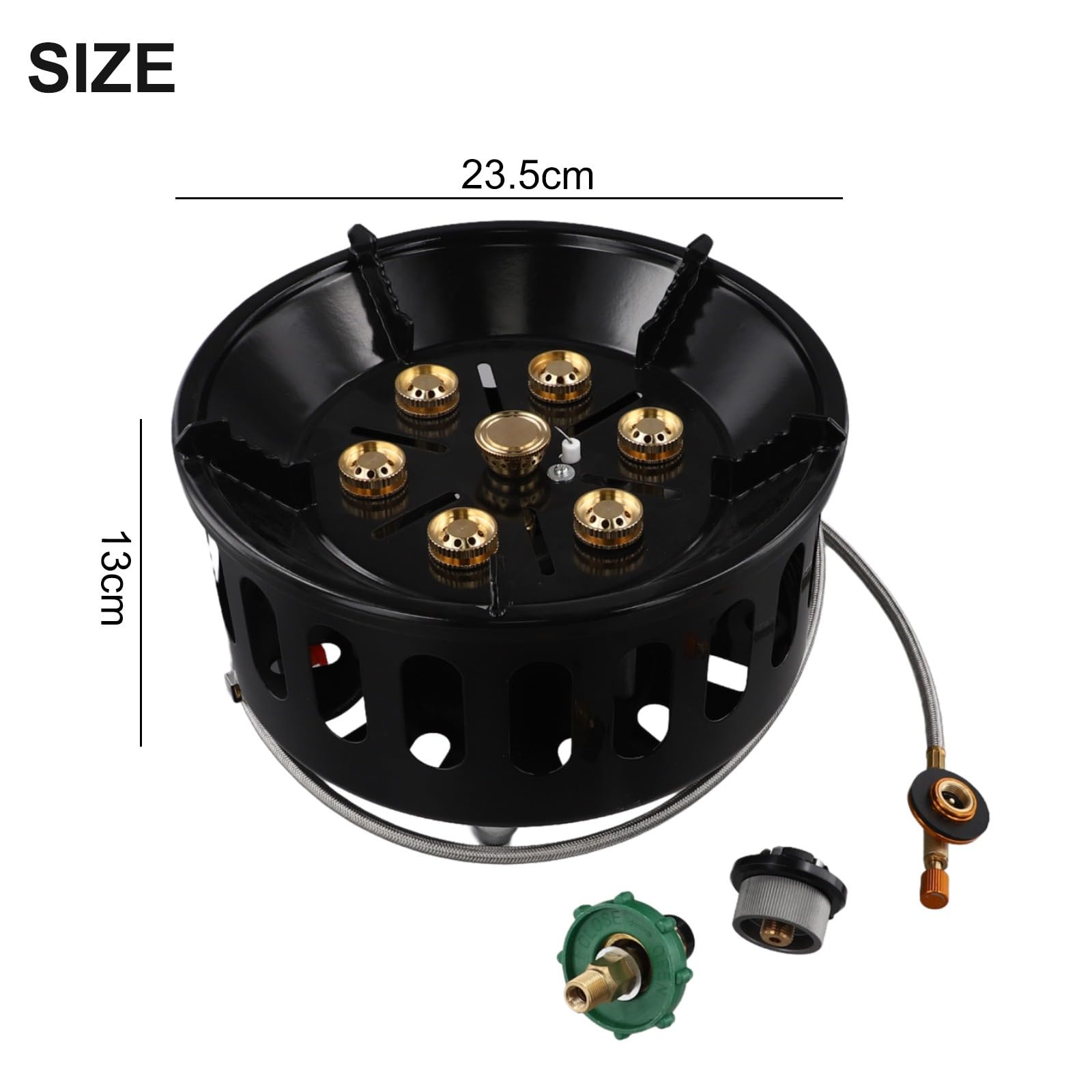 Fornello da campeggio portatile a 7 nuclei, 19800 W, bruciatore a gas con accensione elettronica antivento, in acciaio inox, nero