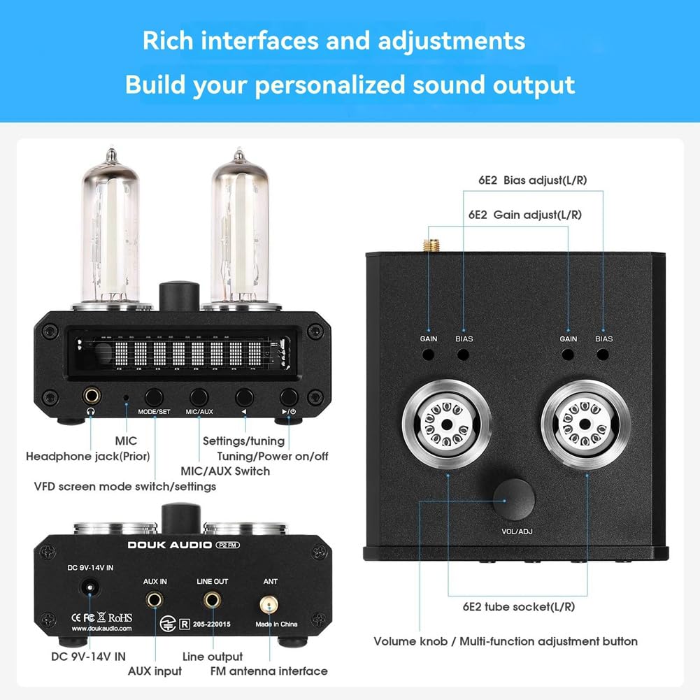 P2-FM Magic 6E2 Preamplificatore Amplificatore per Cuffie Stereo con Indicatore del Livello Radio FM Orologio VFD Spina UE