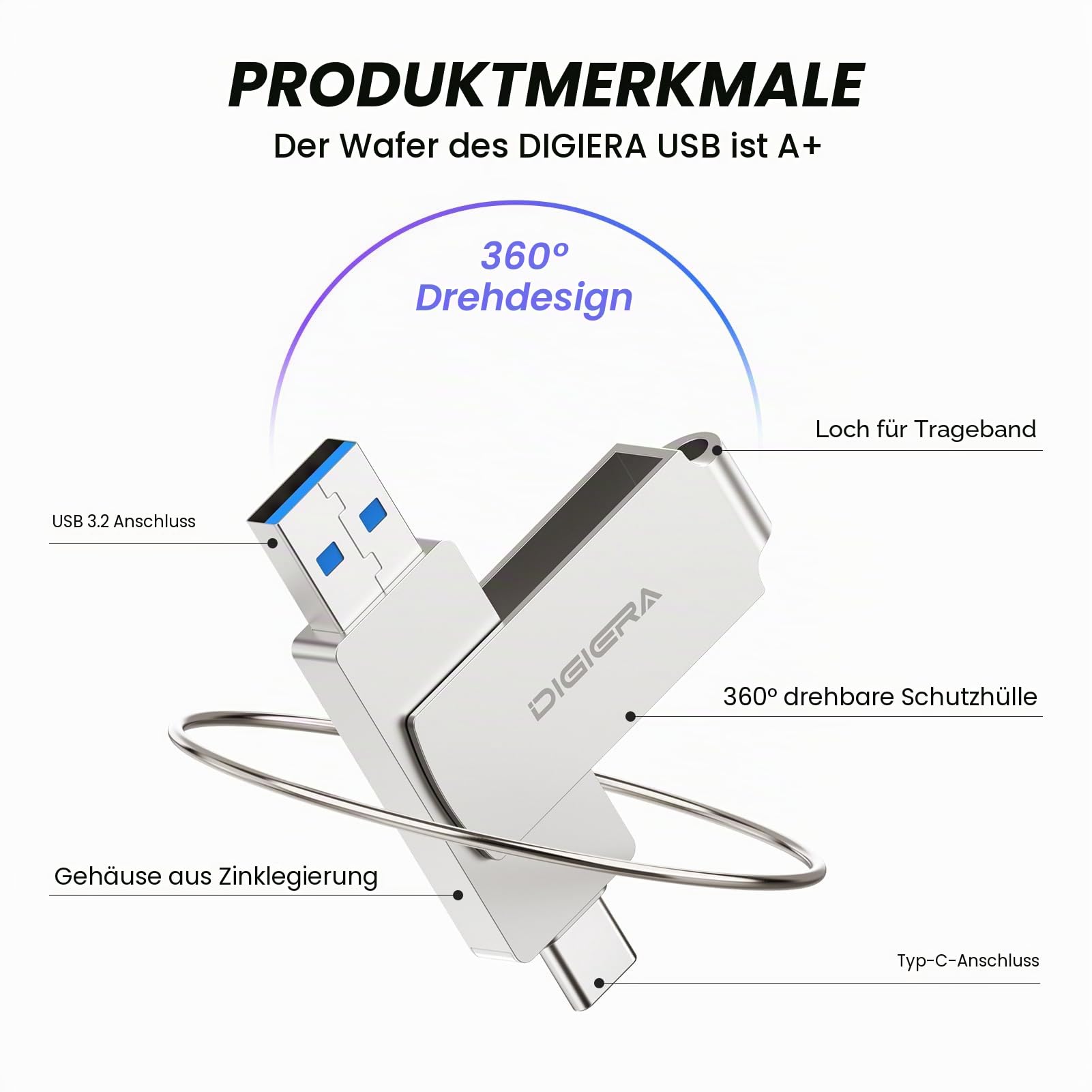 DIGIERA 512 GB 2-in-1-USB-A- und USB-C-Stick, USB 3.2 Gen 1-Stick, 540 MB/s Lese- und 430 MB/s Schreibgeschwindigkeit, kompakter, um 360° drehbarer Aluminium-Speicherstick für Dateiübertragung