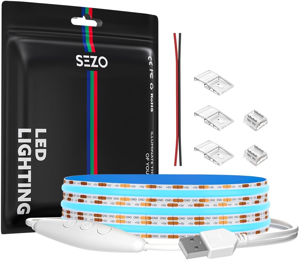 SEZO 5V USB COB LED Strip Lights with Dimmable Switch Crystal Blue Light 6.56FT 320Leds/M FCOB Flexible Light Strip for Bedroom Under Cabinet Kitchen DIY TV Backlight