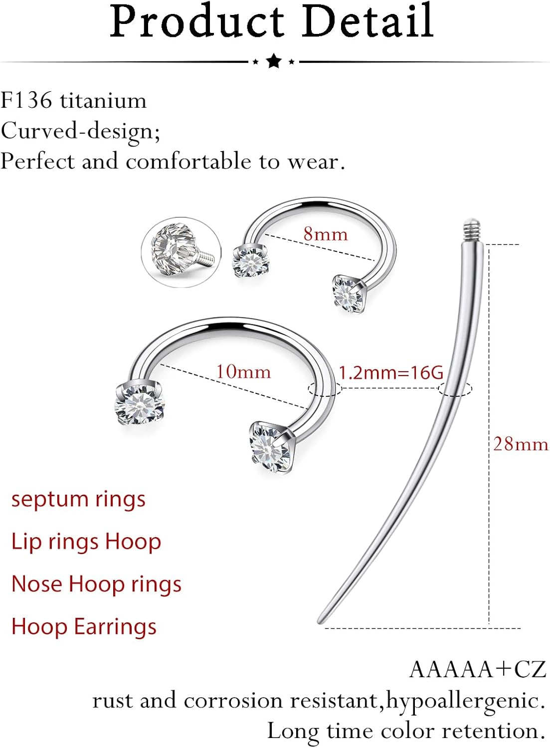 Oufksiyy 16g 18G 20G Internally Threaded F136 Titanium 8/10mm Horseshoe Septum Nose Lip Rings Piercings Cartilage Rook Sung Helix Daith Earrings Jewelry for Women Men 4Pcs - Image 2