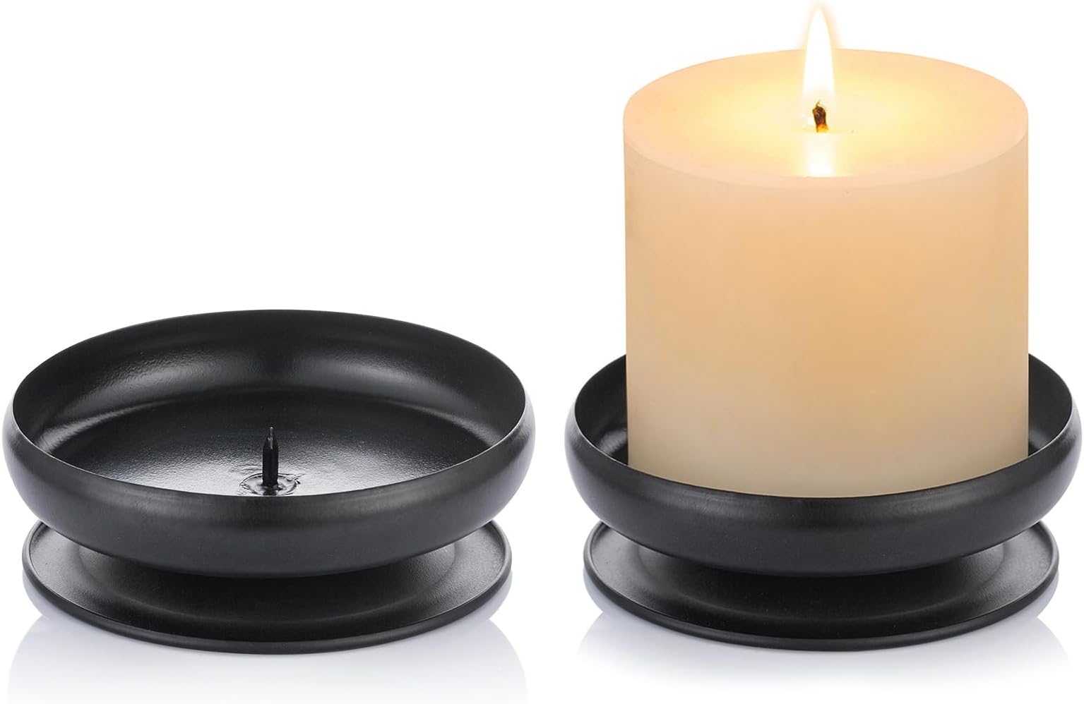 Nuptio Set of 2 Black Iron Pillar Candle Holders Spike Candle Holder 3.6"/ 9cm Diameter. Ideal for Wax or LED Candle Gardens, Spa, and Aromatherapy, Incense Cones, Wedding, Party, Spa, as Pedestal