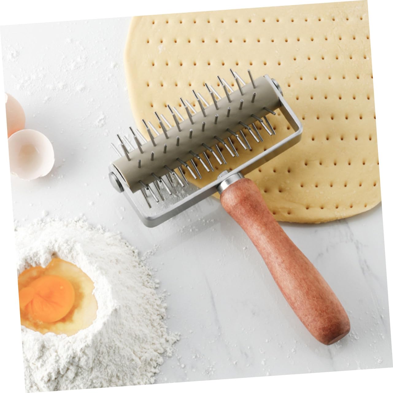 Pizzateigroller aus Edelstahl und Holzgriff mit Nadeln zur Vermeidung von Teigbläschen für Pizzabacken und Teigvorbereitung Zuhause
