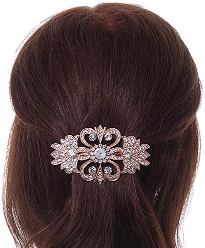 Bridal/Wedding/Prom/Party Art Deco Style Rose Gold Tone Austrian Crystal Barrette Hair Clip Grip - 80mm Across - Image 3