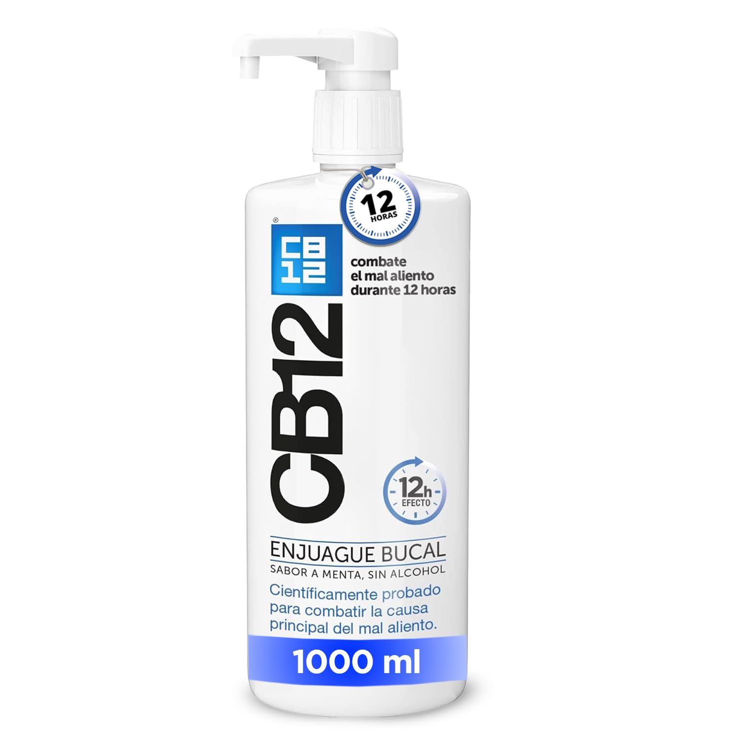 CB12 Enjuague Bucal para Halitosis - Combate el Mal Aliento Durante 12 Horas – Colutorio Sabor Menta y Sin Alcohol - Probado Científicamente - 1000ml