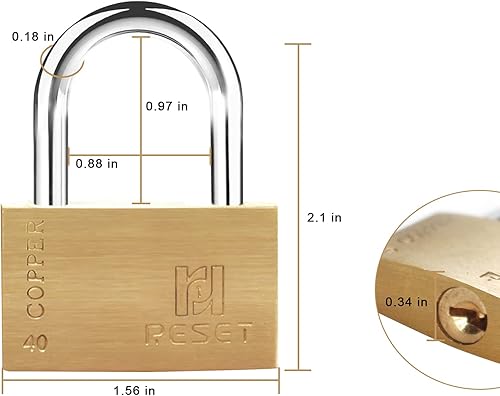 Miniatura 8 de RESET -291 Candado de latón pequeño con llave diferente, candado de latón pequeño de 1.181 in con grillete largo de acero inoxidable, 3 llaves,