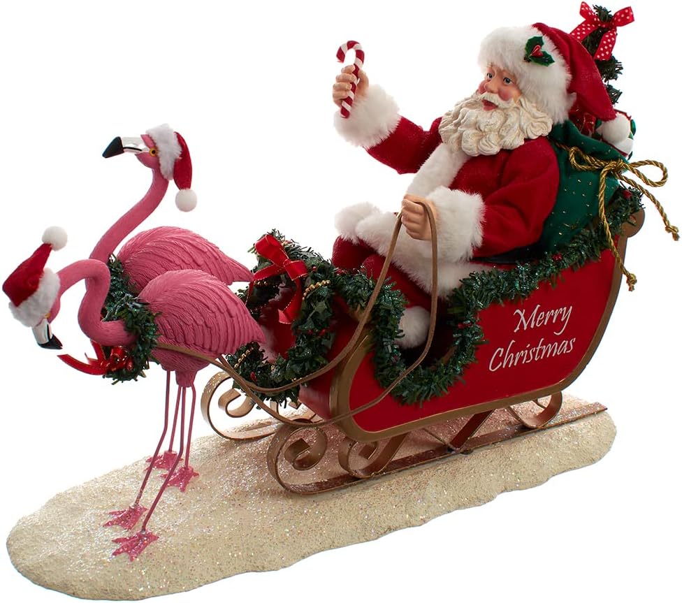 Kurt Adler 10-Inch Fabriche Flamingos Pulling Santa Sleigh