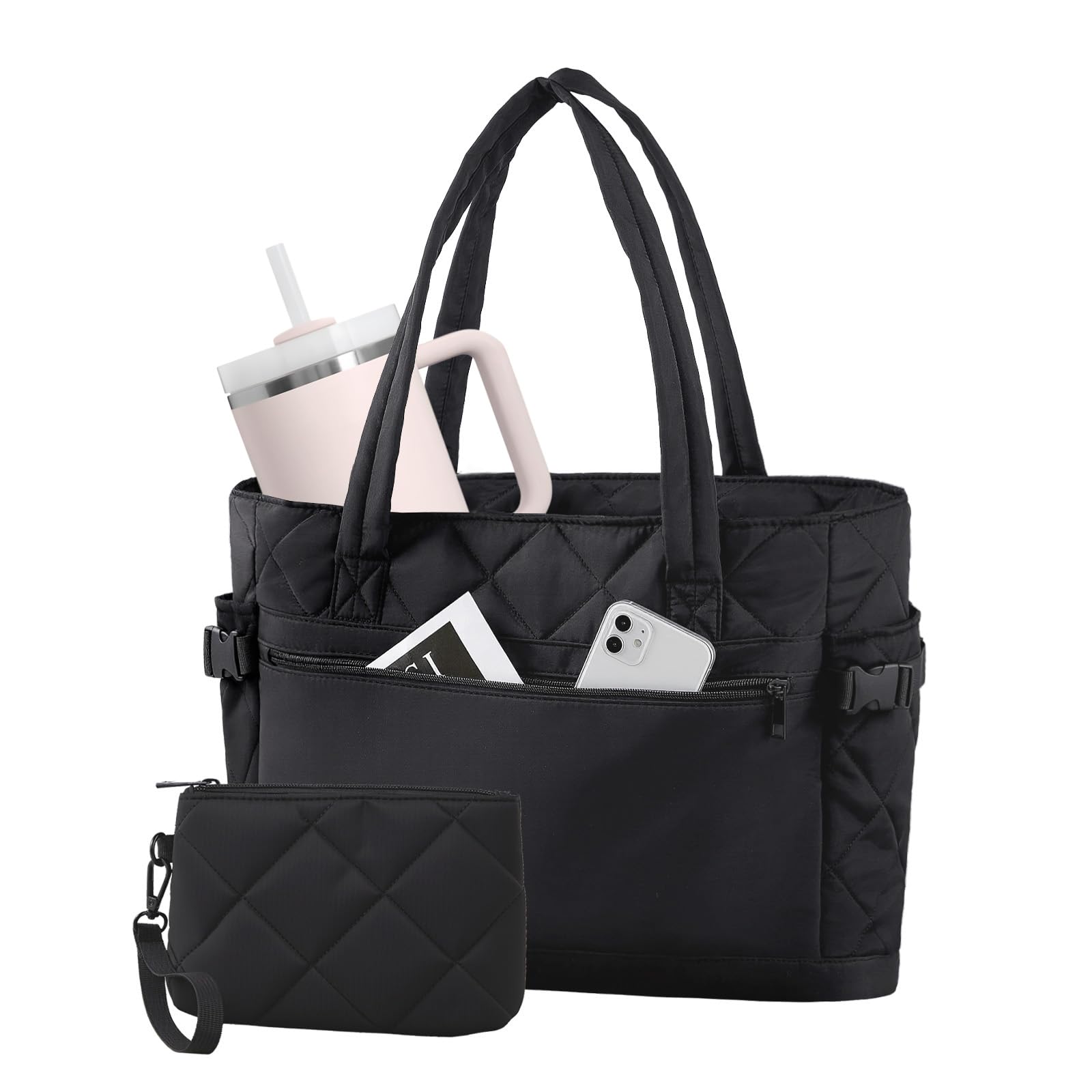 Puffer Tote Bag for Women, Work Bag with Cup Holder, Teacher Bag with Compartments, Quilted Tote Bag with Zipper for Travel
