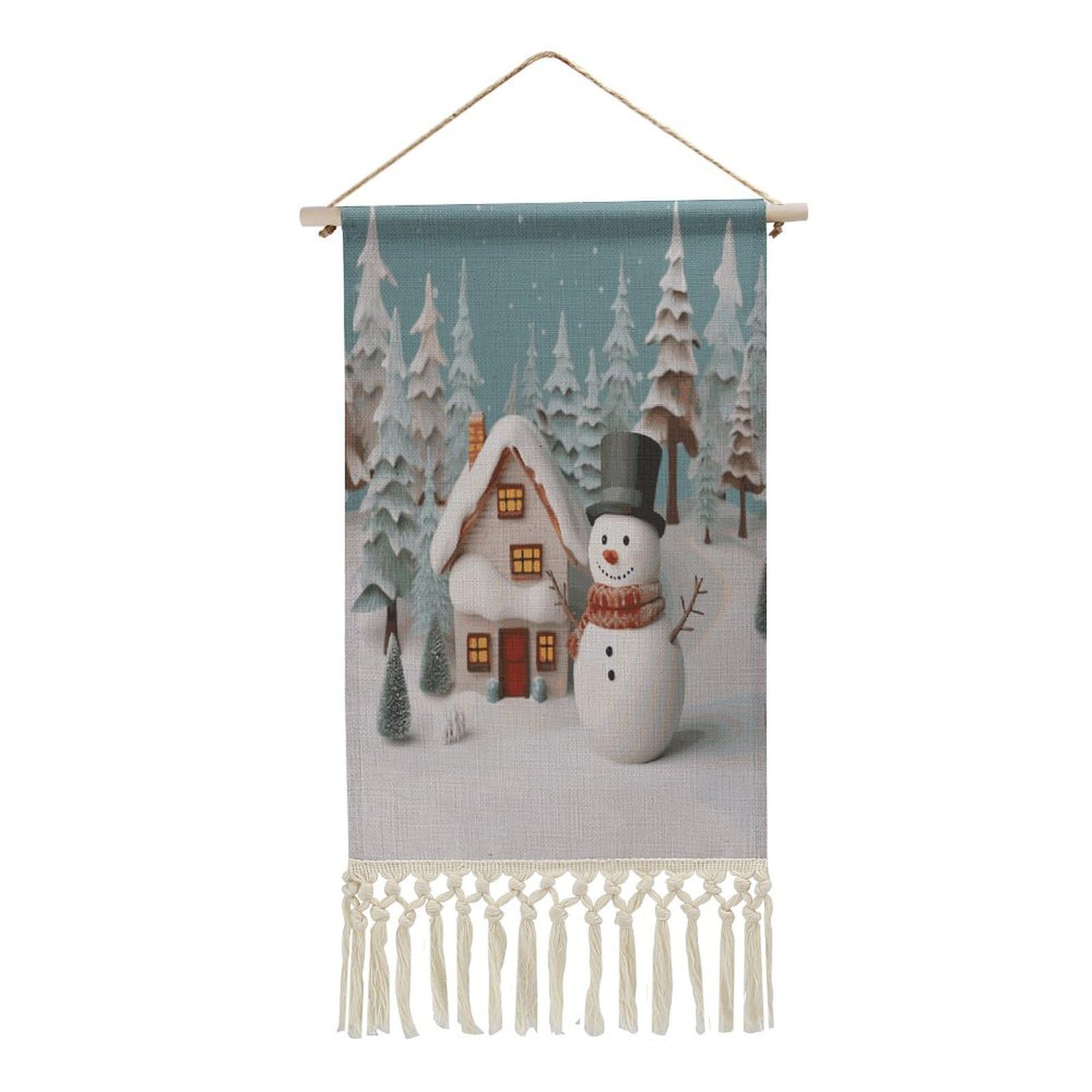 Adfgyerh Style Snowman And Village Tapestry With Tassels Cotton And Linen Hanging Posters, Wall Art For Travel Gift, Wall Tapestry For Office Home Decor Bedroom Living Room Decor
