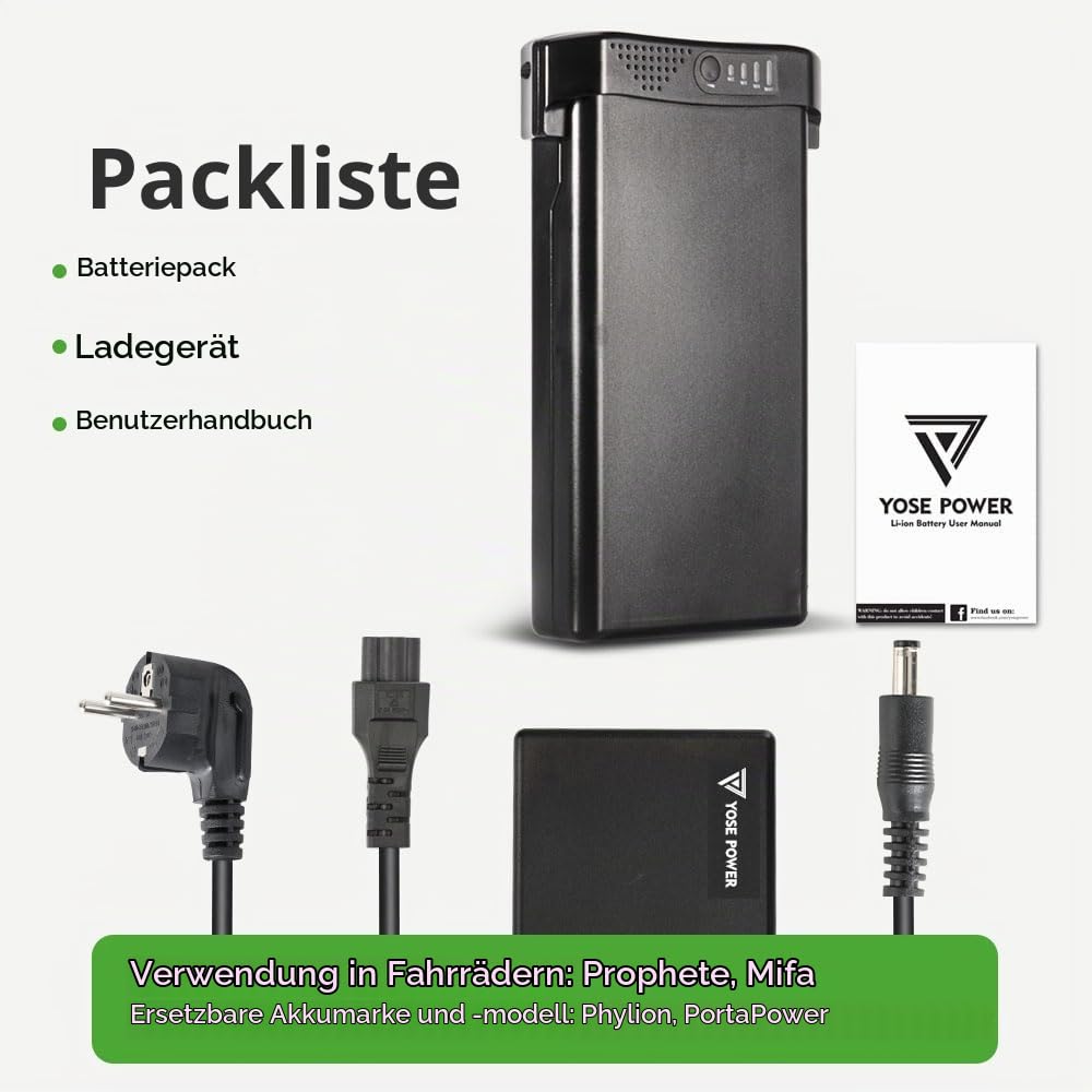 E-Bike Li-ion Batterie 24V 10,4Ah Akku mit Ladegerät für Prophete, Mifa, Phylion, PortaPower Gepäckträgerbatterie