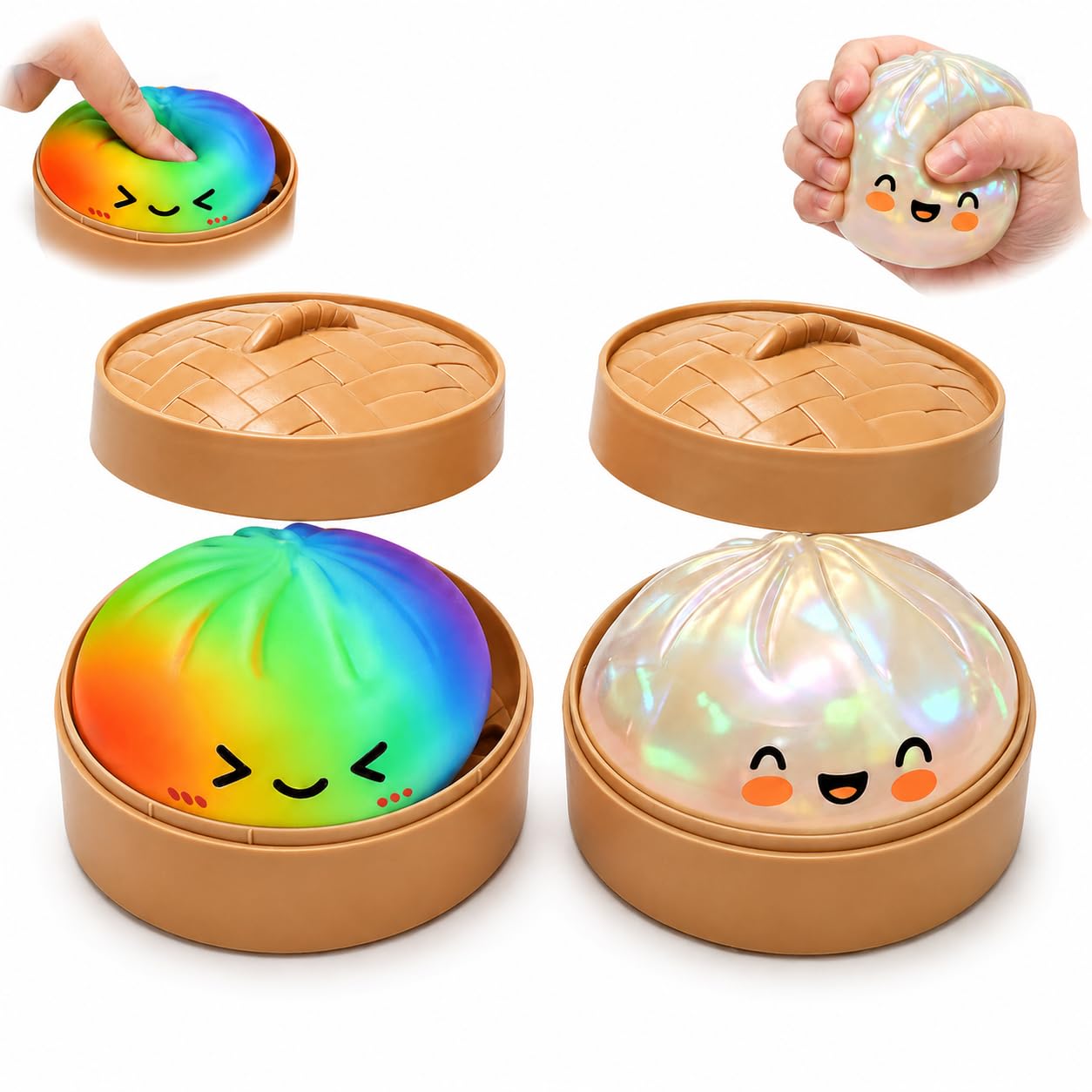 2Pcs Glitter Dumpling Squishy, Big Mystery Dumplings Squishies Box, Cute Bao Bun Fidget Real Office Desk Decor, Soft Sensory Squeeze Ball with Steamer for Anxiety Stress Relief, Novelty Surprise Gift