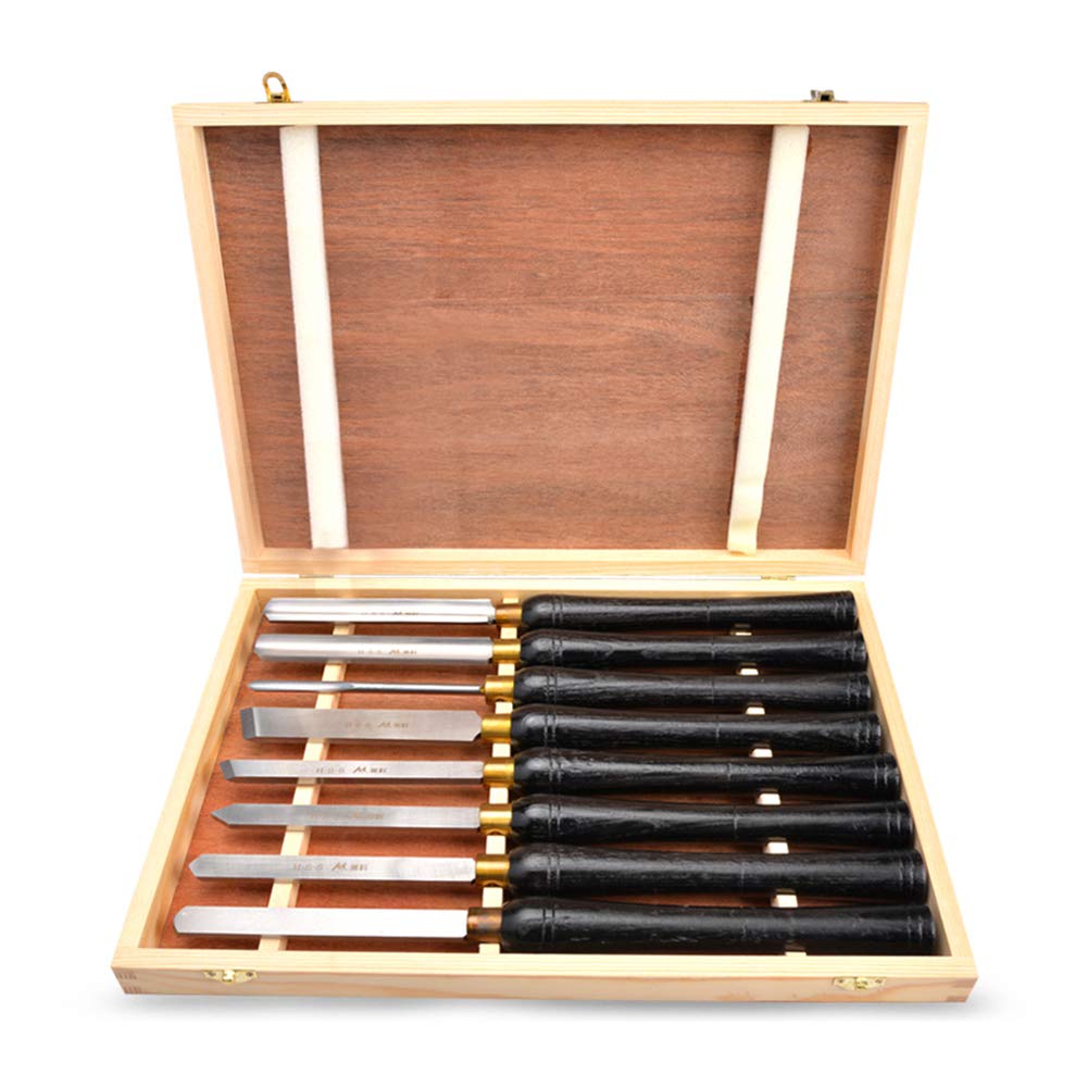 Cincel, Juego de Torno, Juego de 8 Piezas, Mango de Madera Dura, Virolas de Latón de Acero de Alta Velocidad, Caja de Madera, Cinceles para Trabajar la Madera