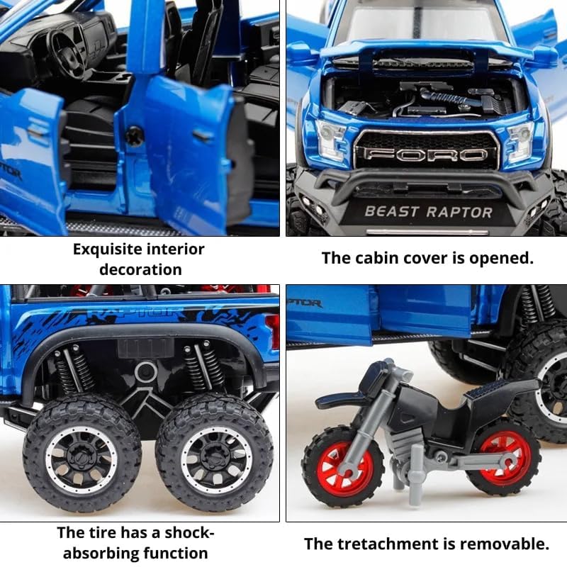 Image of Kids Model 1:24 Raptor F150 Die Cast Metal Car Pull Back Action Opening Doors with Realistic Engine Sound Lights Toy Car Gift for Boys - Blue