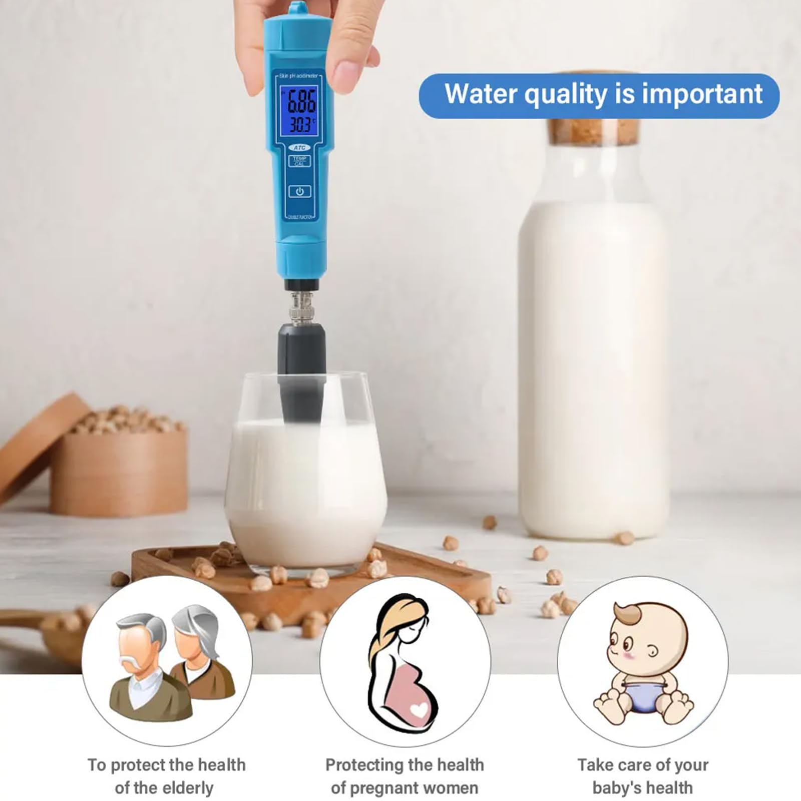 Medidor digital de pH y temperatura, probador portátil para agua, suelo, leche y uso en laboratorio con pantalla LCD y calibración automática