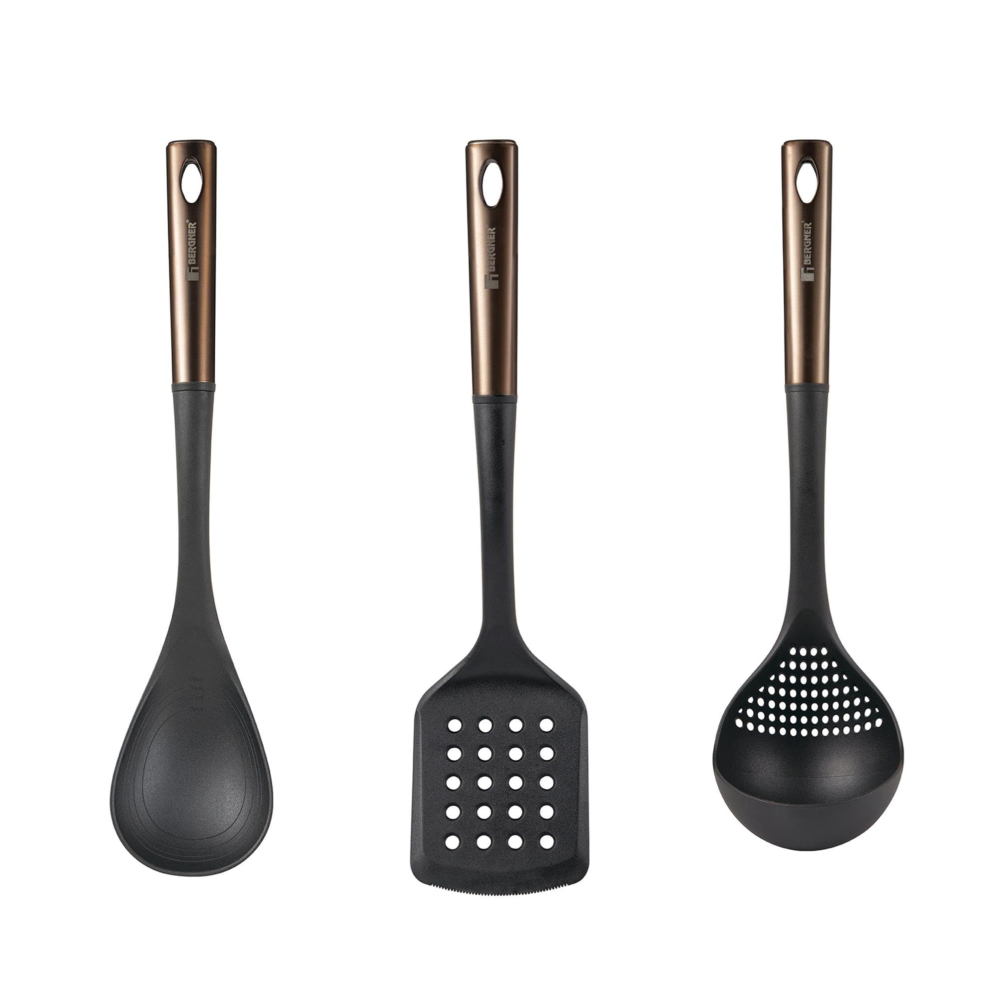 Bergner Copper Set of 3 Slotted Spatula, Spoon and Ladle in Black and Copper PBT