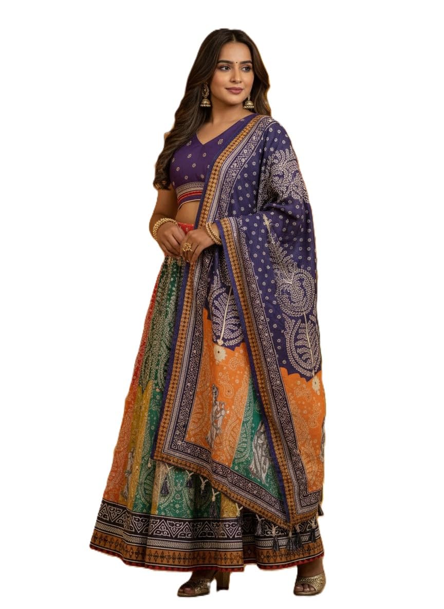 kaizen texo fab Navratri Ajarakh Print Rayon Semi Stitched Lehenga Choli & Unstitched Blouse With Dupatta-picture-35