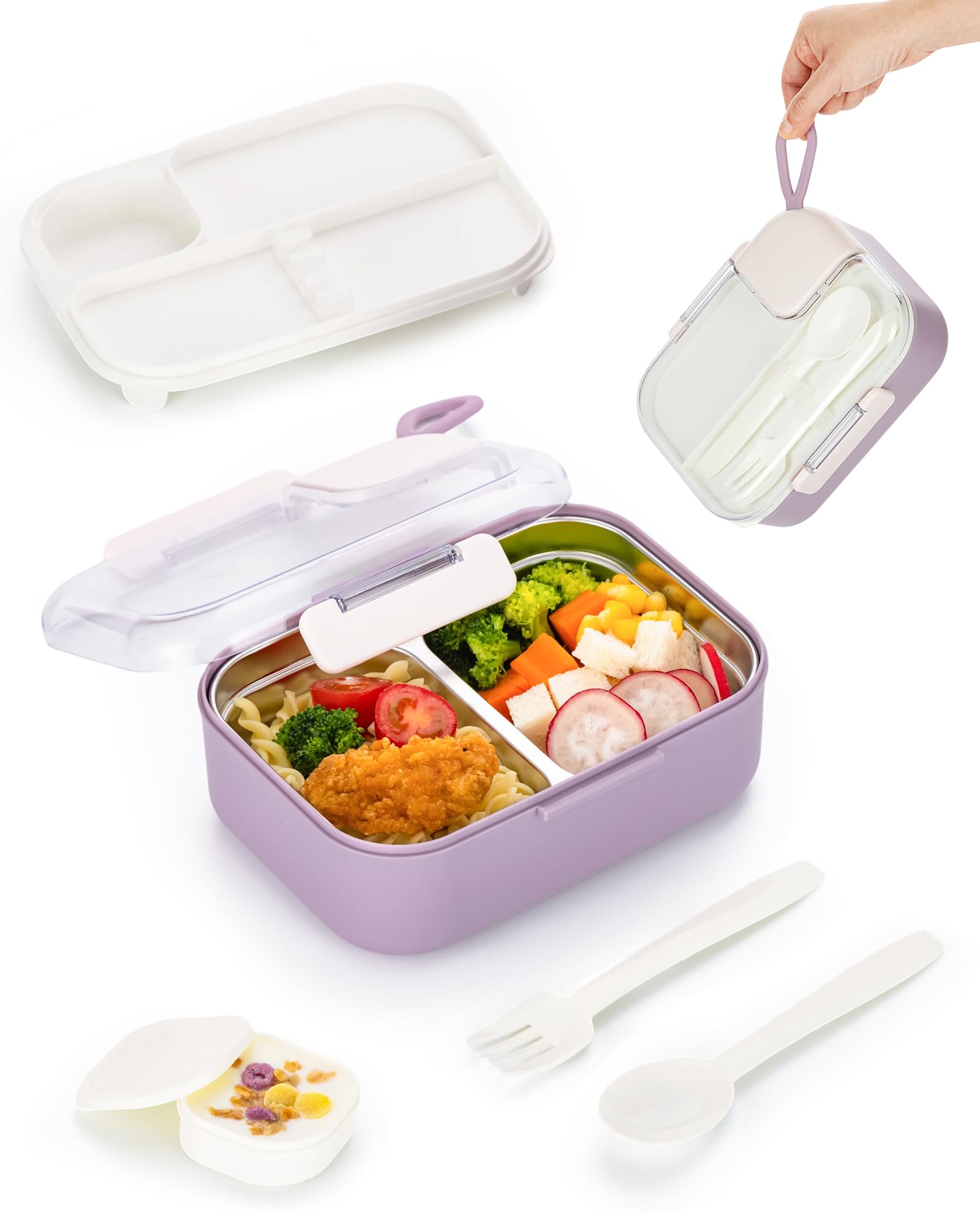 Lille Home Fiambrera ensaladas, 750 ml, acero inoxidable, 2 compartimentos, bol con recipiente para aderezo, fácil de transportar, libre de BPA (morado)