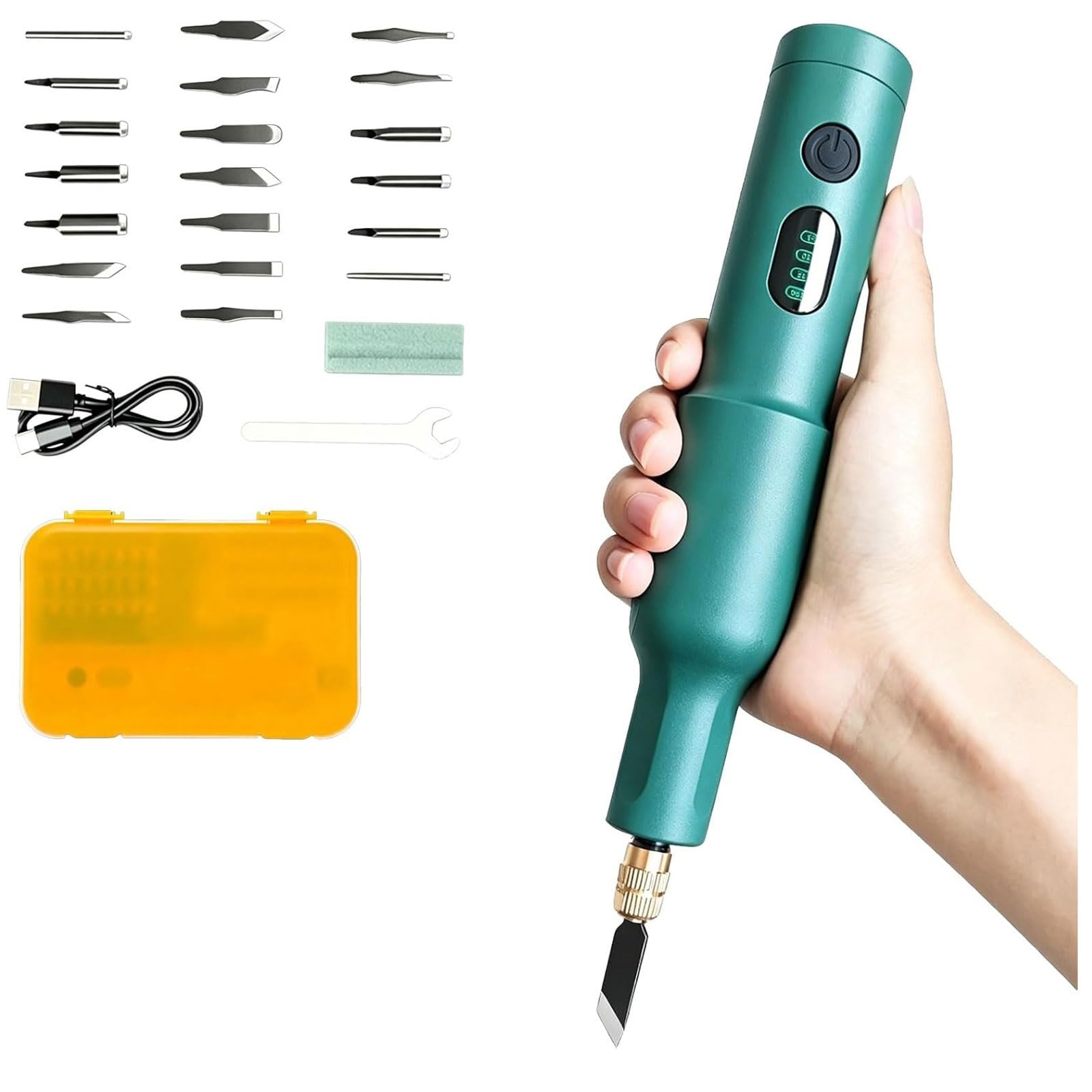Qyoegsq Green Handheld Wood Carving Machine,40W Electric Carving Knife Set With 20Pcs Replaceable Blades,Rechargeable Engraving Chisel,For Woodworking,Diy Plaster Sculpture(Green)