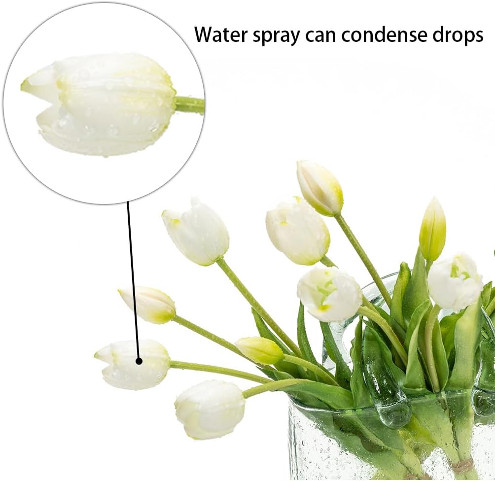 DUYONE 15pcs Artificial Tulips Flowers,Latex Bouquet, Fake Tulips for Office Wedding Party Home Kitchen Garden Decoration(White,15pcs)
