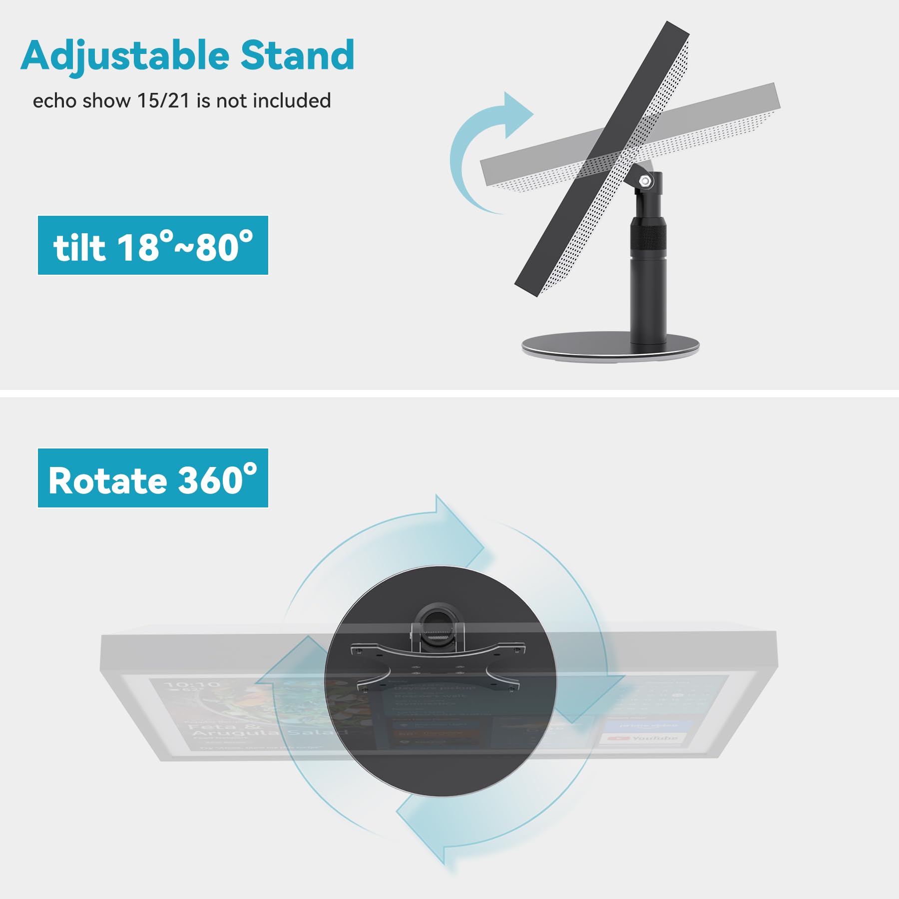 Letlar Tiltable Stand for Echo Show 21 & 15 (1st, 2nd Gen), Rotatable & Tiltable Up to 90 Degrees, Compatible with Echo Show 21, 15 1st & 2nd Gen, Aluminum Tabletop Stand