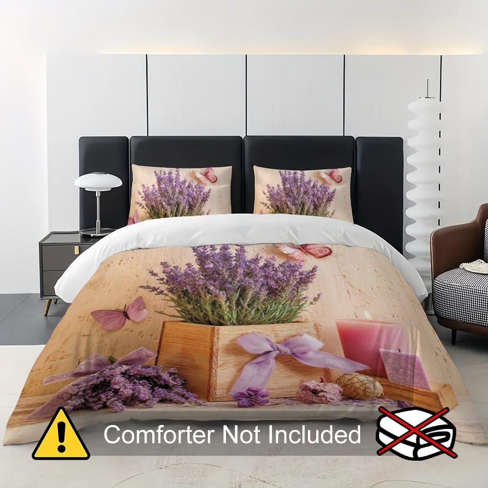 Romantyczna lawendowa pościel dekoracyjna 180 x 200 cm, 3-częściowy komplet pościeli – z 2 poszewkami na poduszkę 80 x 80 cm, beżowa, z mikrofibry, z zamkiem błyskawicznym, nie wymaga prasowania i