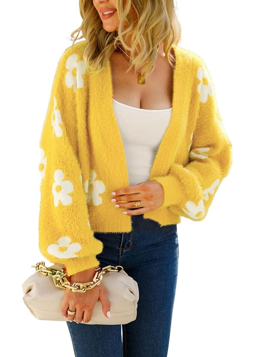 chouyatou Womens Fuzzy Daisy Printed Cropped Cardigan Open Front Jacquard Knit Sweater Tops