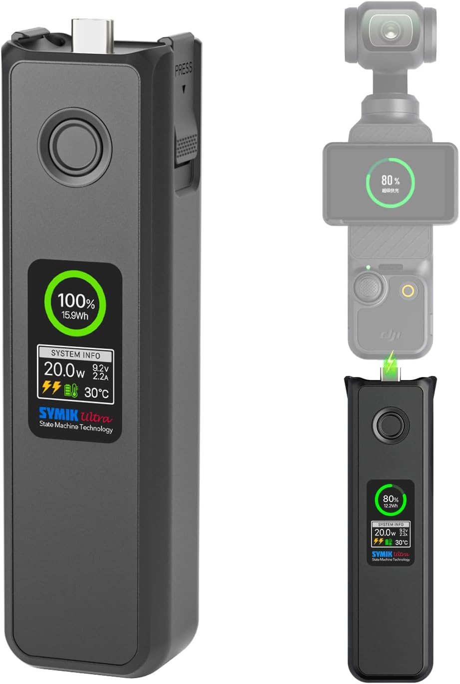 SYMIK Intelligent Battery for DJI Osmo Pocket 4, Pocket 3, Xtra Muse, Built-in 5000mAh Battery, 20W Fast Charging, LCD Display, Portable Extended Battery Handle Grip for Osmo Pocket 4/3 Accessories