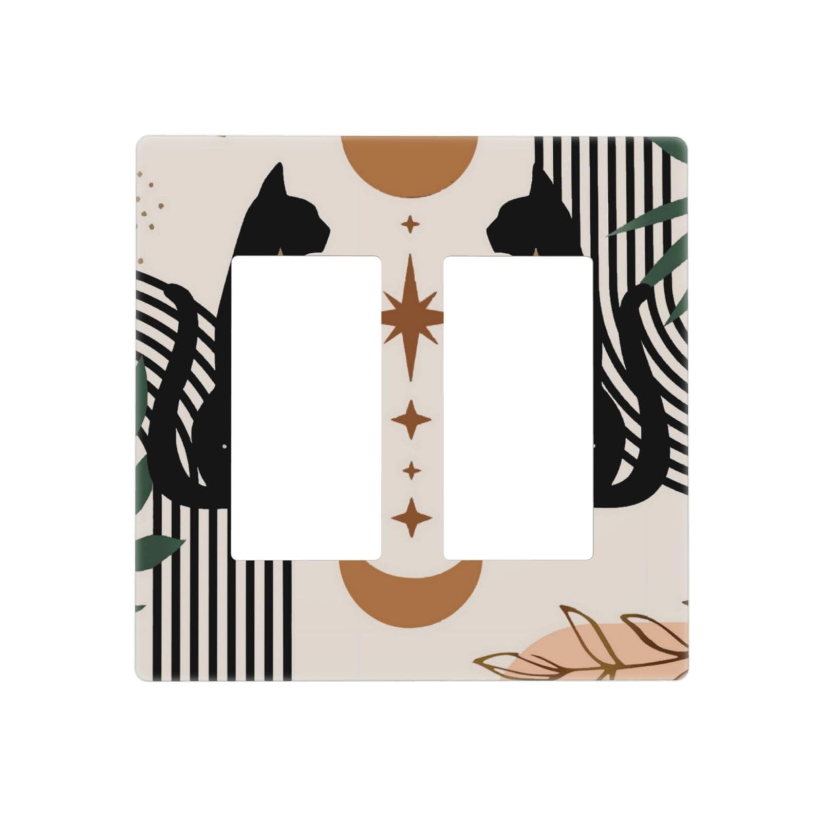 Mystic Funny Abstract Boho Mid Century Black Cute Cat Moon Phase 2 Gang Screwless Double Decorator/GFCI Wall Plate Rocker Outlet Light Switch
