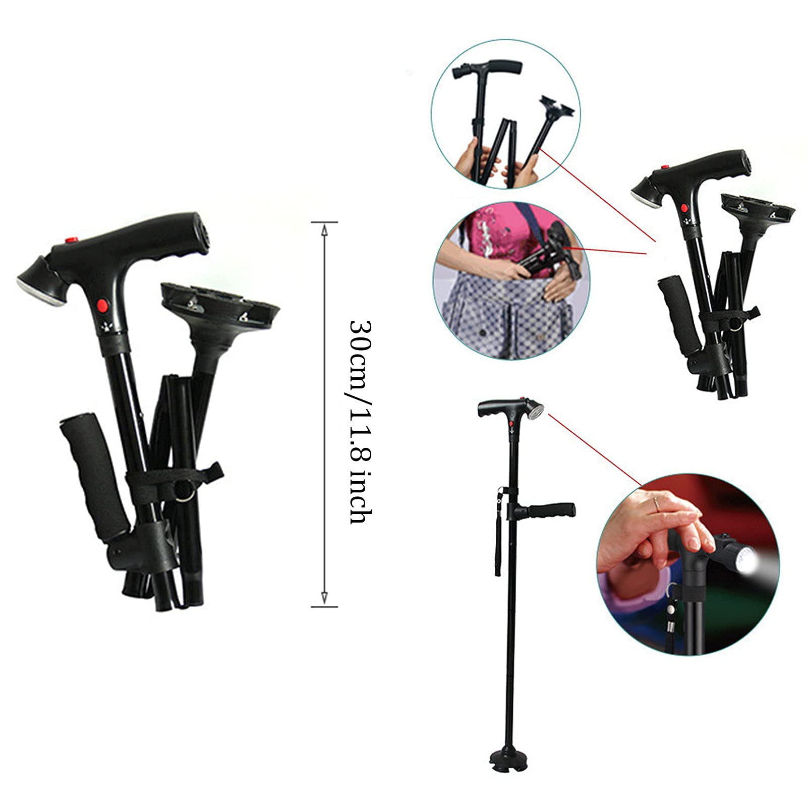 Bastón plegable, bastón ligero de aleación de aluminio para personas mayores, muleta ajustable de viaje con luz LED para personas mayores con artritis discapacitadas, equilibrio especial Star of Light