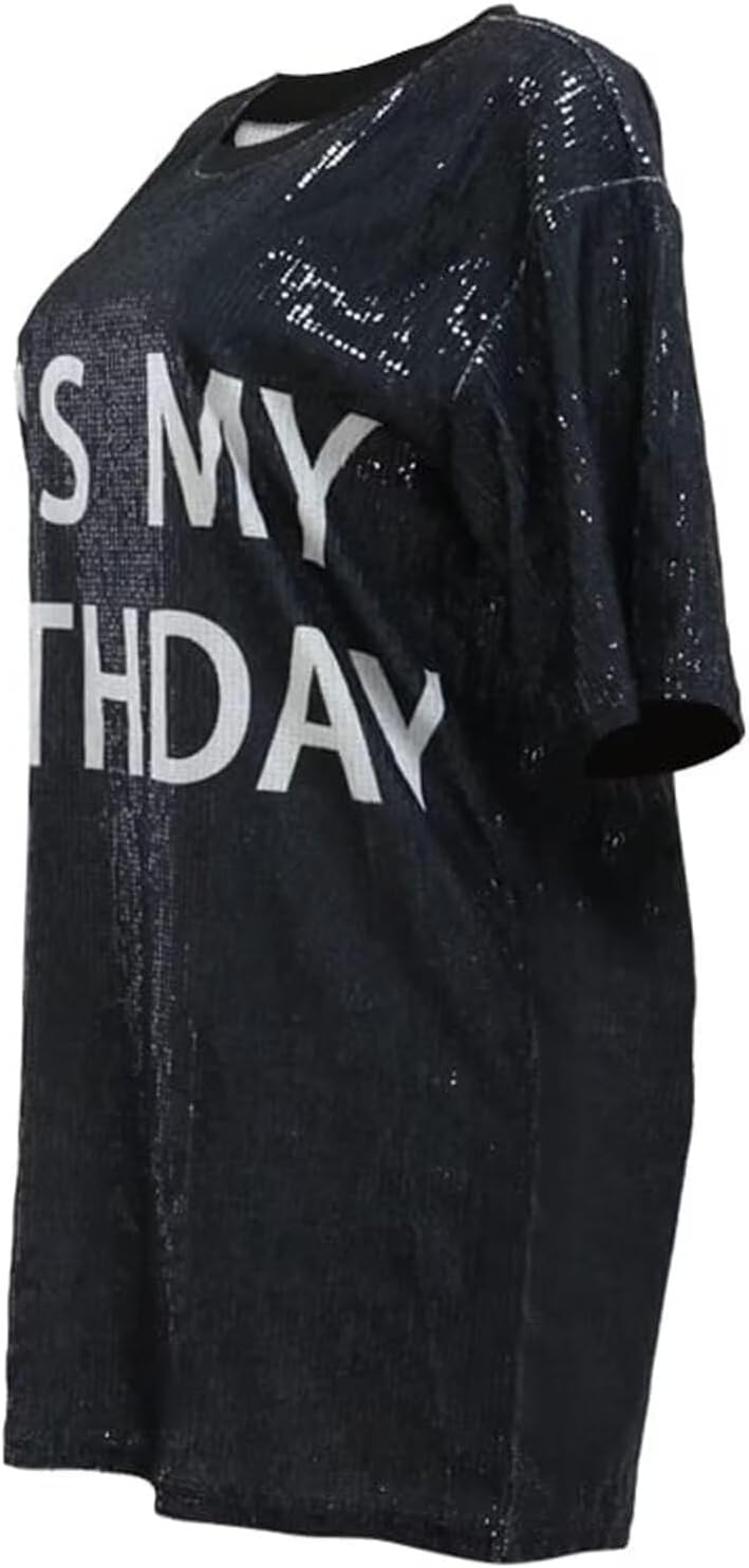 KIRJAUDU Women Sparkly Sequin Mini Dress Crewneck Bling Letter Print Half Sleeve Loose Mini Dress Clubwear - Image 4