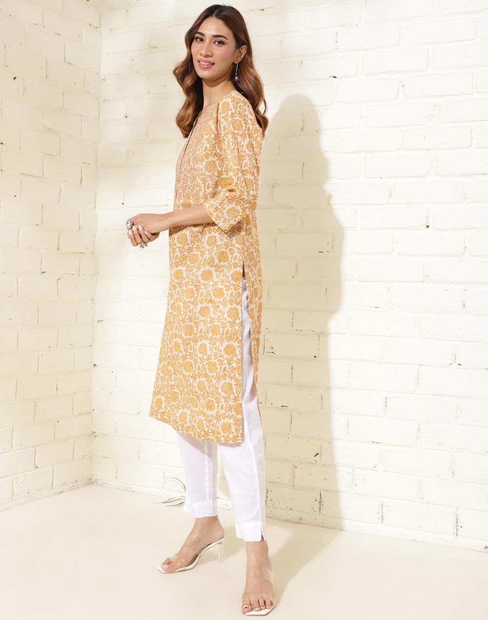 Fabindia Women's Cotton Printed Regular Kurta (1037296Yellow_Yellow