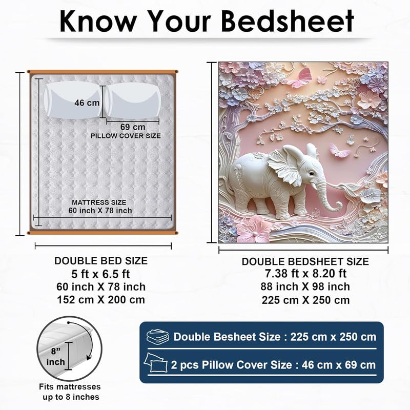 Image of Akshya Modern 7D Digital Printed Bedding Set - Glace Cotton Double Bed Sheet, 300 TC Fade-Resistant King Size Flat Sheet Pink Elephant