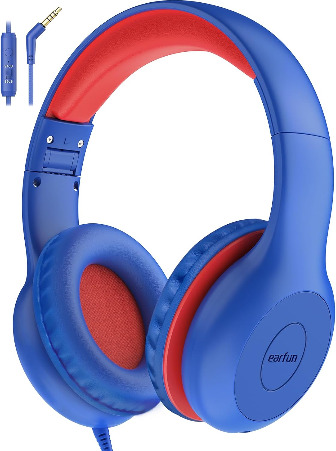 EarFun Kids Headphones Wired with Microphone, 85/94dB Volume Limit Headphones for Kids, Portable Wired Headphone with Shareport, Stereo Sound Foldable Headset for School/Tablet/PC/Kindle, Navy Red