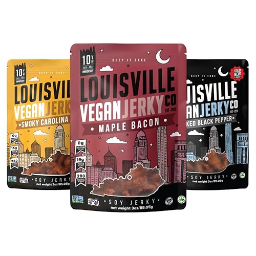 Louisville Vegan Jerky Co. Best Sellers - Paquete variado de cecina vegana de 3 onzas, paquete de 3 (barbacoa ahumada de Carolina, pimienta negra
