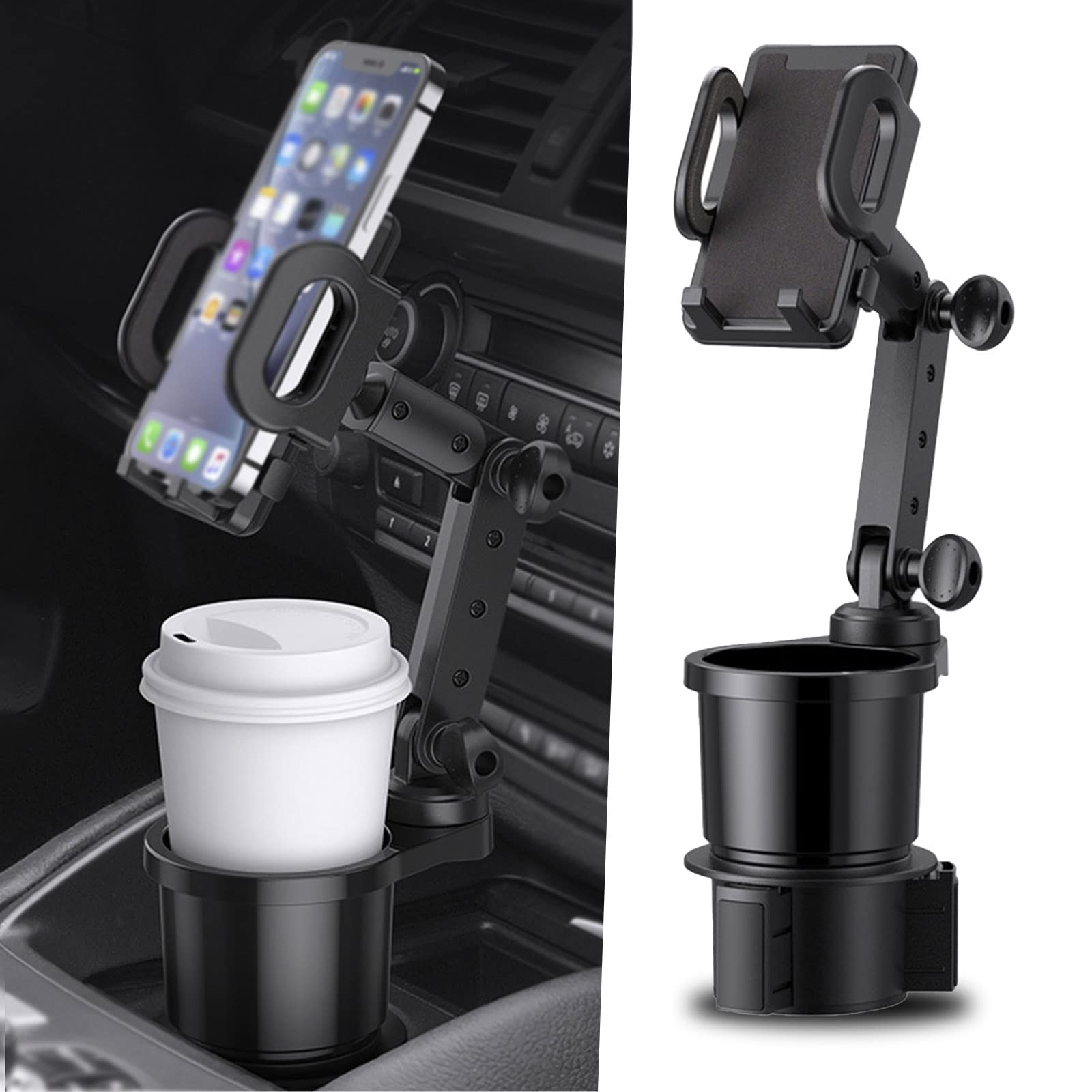 Pack-1 Car Phone Mount with Cup Holder, 360° Rotation 2-in-1 Non-Slip Phone Holder, Multifunctional Adjustable Cup Holder Expander with Phone Holder for Most Smartphones (Black)