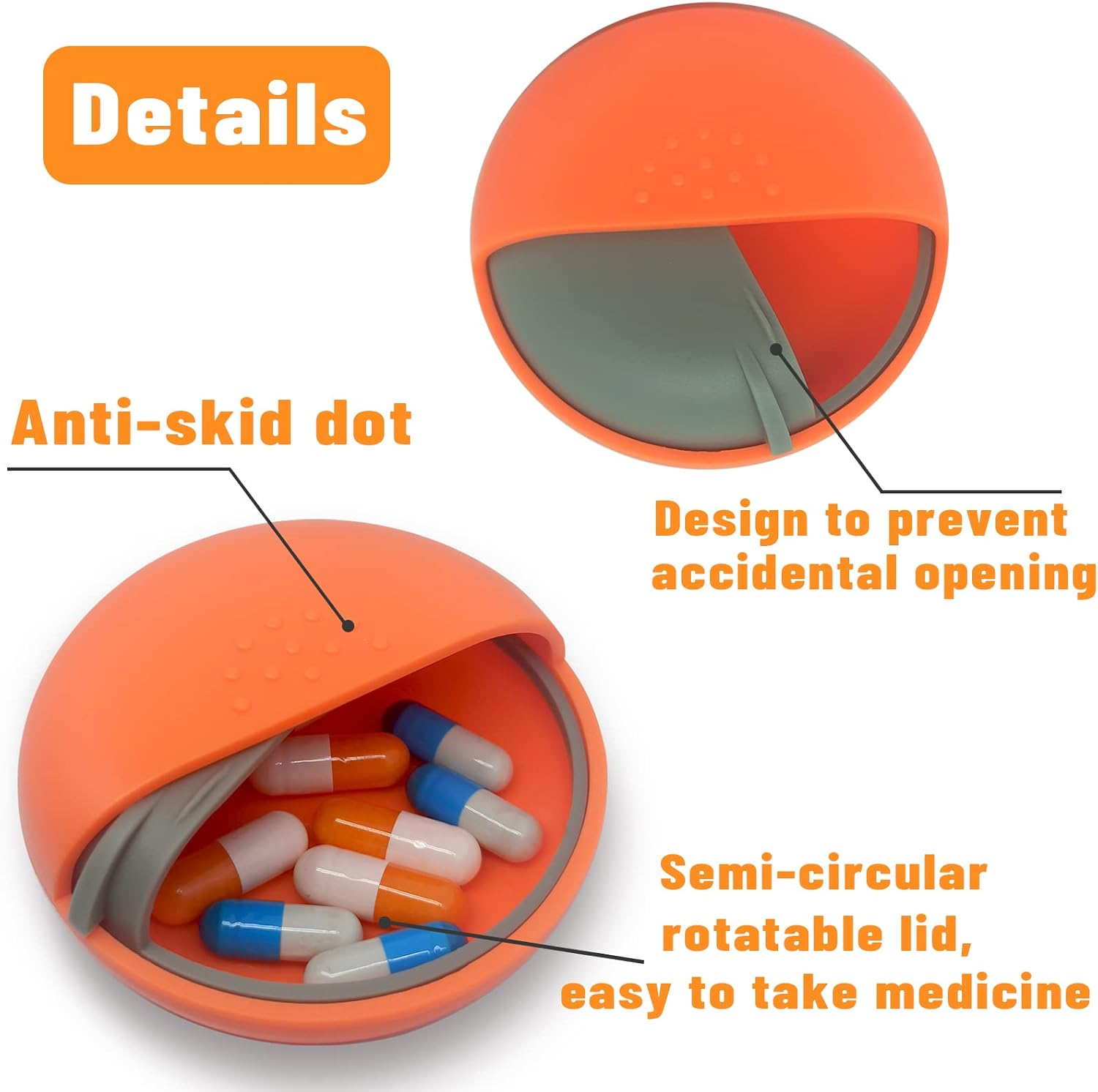 Pill Cases Travel Pill Organizer Portable Small Pill Box for Purse Cute Round Medicine Container for Pills Fish Oil Vitamine Supplements (Orange+Bag)