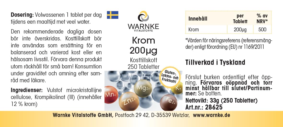 Chrom 200μg – 250 tabletek, każda zawierająca 200μg – wyprodukowano z pikolinianu chromu – WYSOKA DAWKA – niemiecka jakość farmaceutyczna – wegańskie | Warnke Vitalstoffe