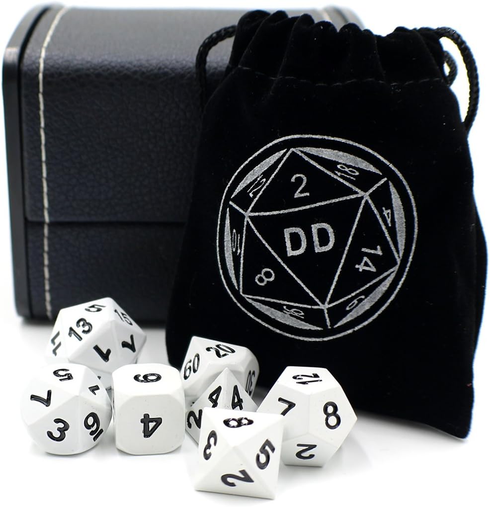 White Metal DND Gaming Dice Set with Storage Box for Tabletop Games