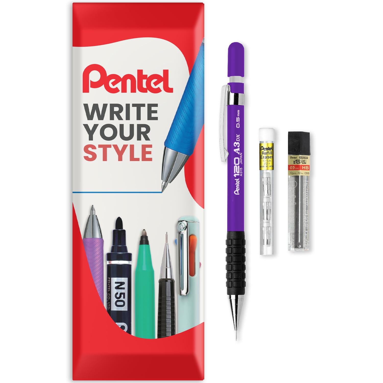 Pentel 120 Series Automatic Mechanical Pencil A315 + 12 HB Refill Leads + Tube of Eraser Refills - In Envelope Gift Packaging (Violet, 0.5mm)