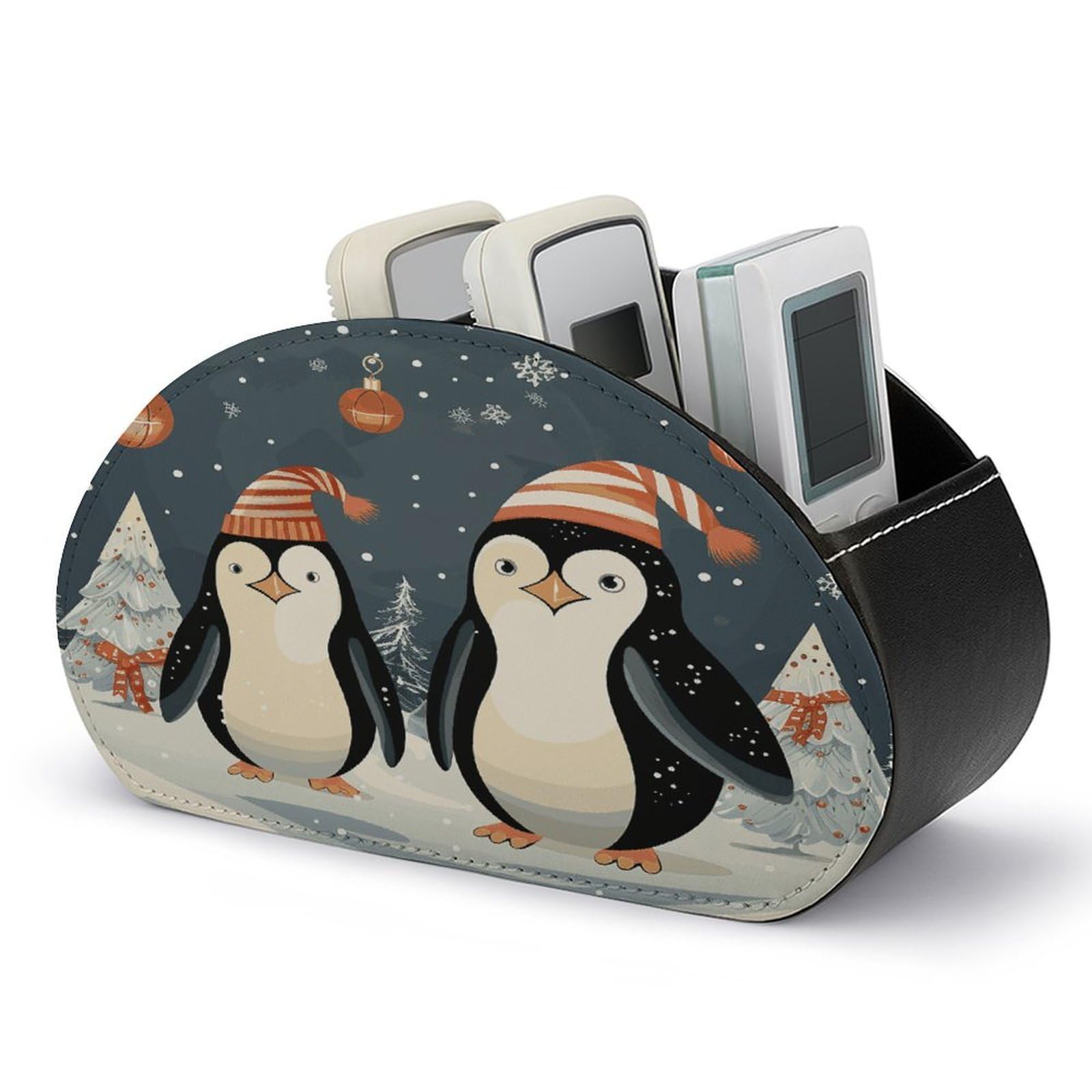 FekiLoot Merry Christmas Penguins Remote Control Holder, PU Leather Remote Control Organizer Box Stationery Remote Control Box Desk Storage Organizer for DVDs,Glasses,Pens,Media Players