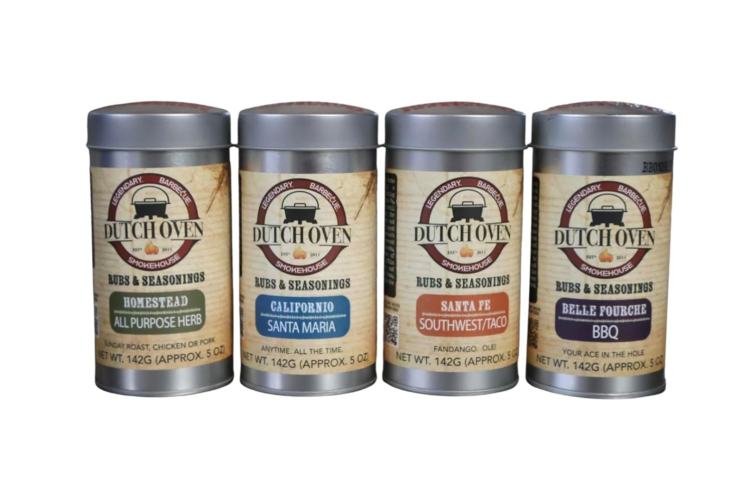 Dutch Oven Variety Spice Gift Pak II 4-pack 5.5 oz Belle Fourche, Homestead, Californio, Santa Fe - All-Natural Seasoning Set for Beef, Pork, Chicken & Veggies - Frontier-Inspired BBQ Flavors - 4x5.5oz Tins